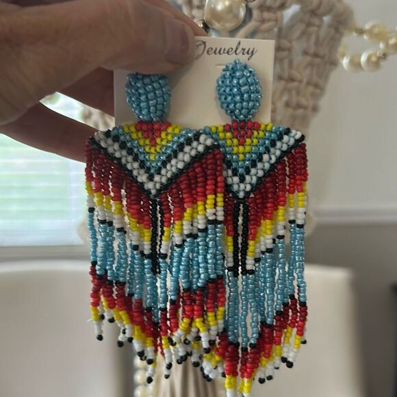 Large beaded dangle earrings ethnic Navajo style turquoise red - Picture 2 of 3